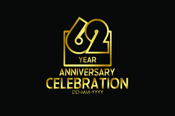 62 year anniversary celebration Block Design logotype. anniversary logo with golden isolated on black background - vector