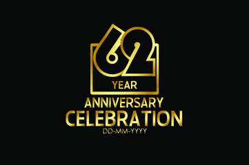 62 year anniversary celebration Block Design logotype. anniversary logo with golden isolated on black background - vector
