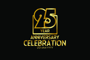 Naklejka premium 25 year anniversary celebration Block Design logotype. anniversary logo with golden isolated on black background - vector