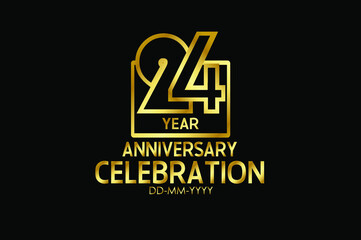 Naklejka premium 24 year anniversary celebration Block Design logotype. anniversary logo with golden isolated on black background - vector