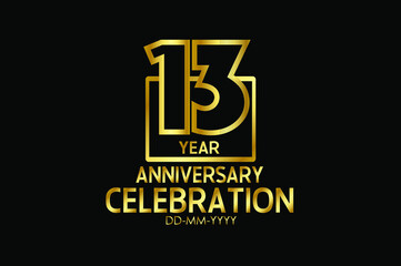 13 year anniversary celebration Block Design logotype. anniversary logo with golden isolated on black background - vector