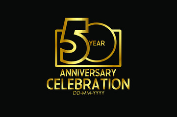 50 year anniversary celebration Block Design logotype. anniversary logo with golden isolated on black background - vector