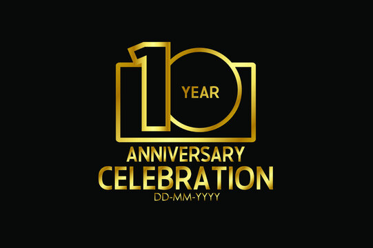 10 year anniversary celebration Block Design logotype. anniversary logo with golden isolated on black background - vector