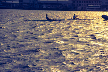 Racing rowing boat or scull boats on a calm sea
