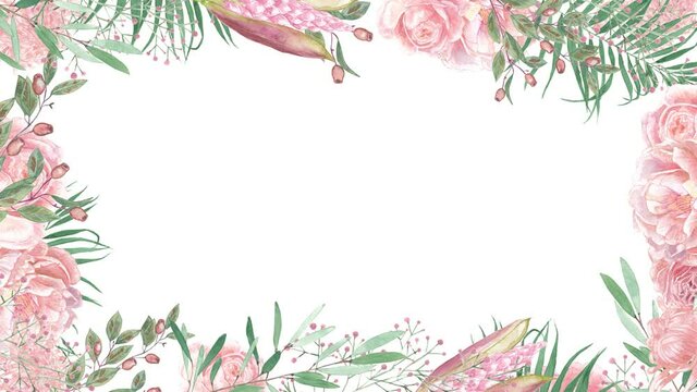 tropical flowers palm leaves dried roses peonies floral boarder frame greenery foliage modern watercolor romantic wedding summer alpha channel