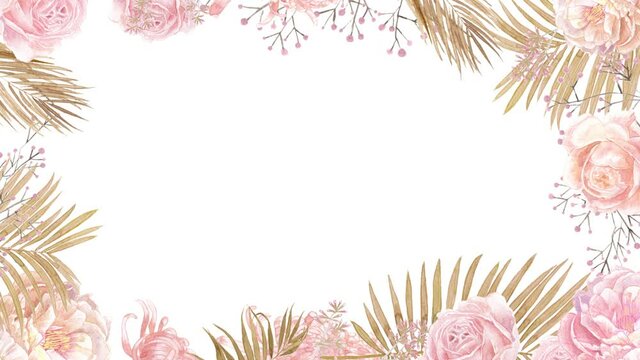 tropical flowers palm leaves dried roses peonies floral boarder frame greenery foliage modern watercolor romantic wedding summer alpha channel