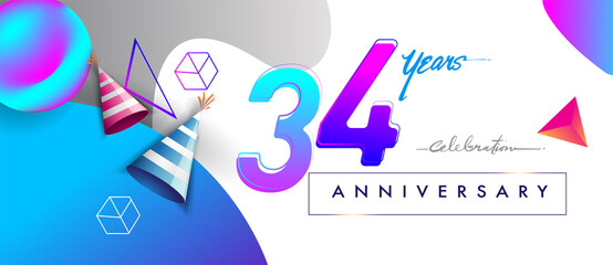 34th years anniversary logo, vector design birthday celebration with colorful geometric background and abstract elements
