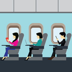 passengers doing work on airplane business class cabin.  vector illustration