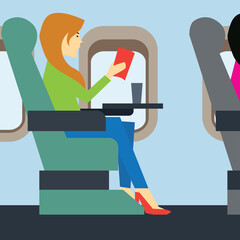 passengers doing work on airplane business class cabin.  vector illustration