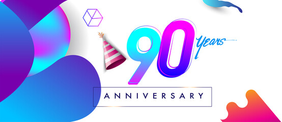 90th years anniversary logo, vector design birthday celebration with colorful geometric background and abstract elements