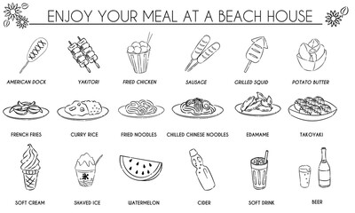 海の家の食べ物線画セット