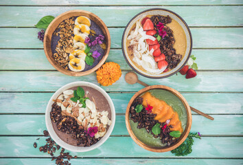 Healthy smoothies on a wooden table