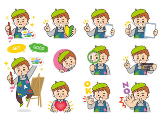 画家の男性　バリエーション　初心者マーク　スマートフォン　タブレット　虫眼鏡　クレジットカード　ハート　OK　NO