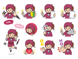 忍者　くノ一　バリエーション　初心者マーク　スマートフォン　タブレット　虫眼鏡　クレジットカード　ハート　OK　NO