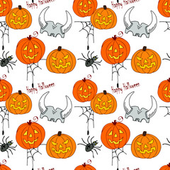 Halloween. Seamless vector pattern with pumpkins, skull and spider.