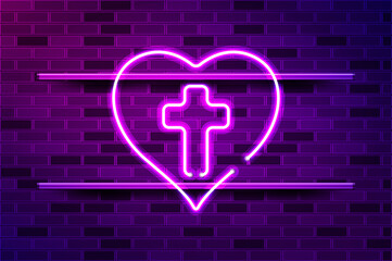 Cross and heart, Jesus in the heart concept glowing purple neon sign or LED strip light. Realistic vector illustration