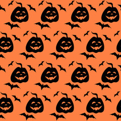 Pumpkin jack lantern and bat vector seamless pattern. Black silhouette of seamless texture. Spooky Halloween. Textile, wrapping paper, wallpaper design, packaging. Orange and black color. Illustration