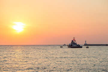 Sunset in Sevastopol overlooking the military ships of the Russian Navy