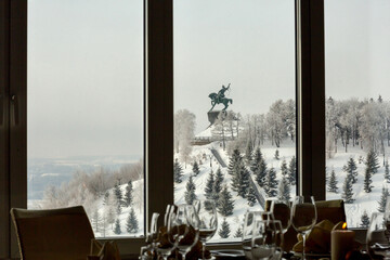 Winter view from the restaurant on the monument to Salavat Yulaev. Ufa, Russia.