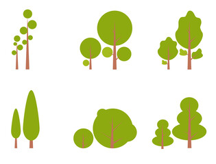 Set flat trees with green on the leaves