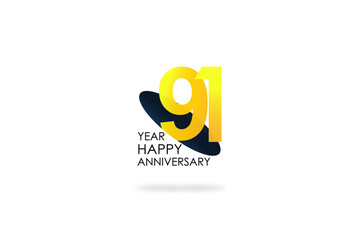 91 years anniversary celebration Yellow Color Design logotype. anniversary logo isolated on White background, vector Horizontal number design for celebration, invitation card, and greeting card-Vector