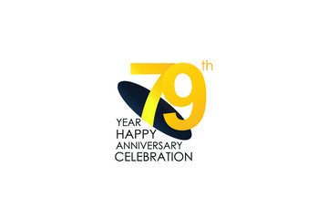 Obraz premium 79 years anniversary celebration Yellow Color Design logotype. anniversary logo isolated on White background, vector Horizontal number design for celebration, invitation card, and greeting card-Vector