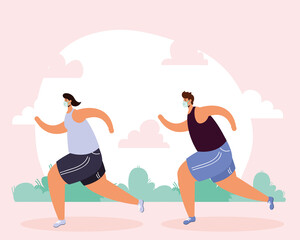 couple wearing medical mask running sport in the camp