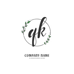 Q K QK Initial handwriting and signature logo design with circle. Beautiful design handwritten logo for fashion, team, wedding, luxury logo.