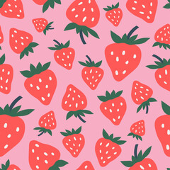 Strawberries hand drawn seamless pattern on pink background.