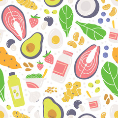 Super foods hand drawn seamless pattern on white background.