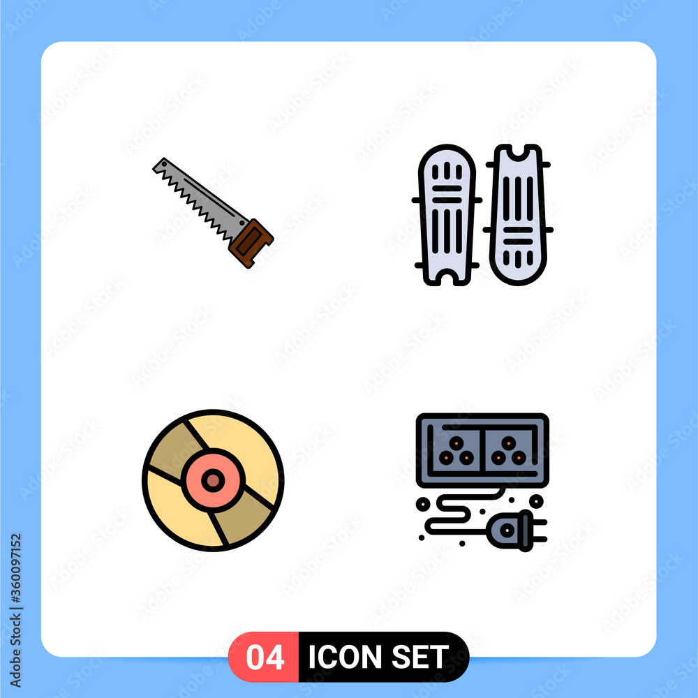 Wall mural Universal Icon Symbols Group of 4 Modern Filledline Flat Colors of saw, cricket stumps, construction, cricket ball, dvd