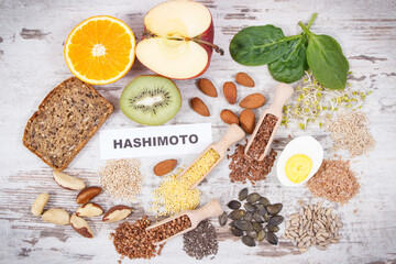Inscription hashimoto and best food for healthy thyroid. Dieting and slimming concept