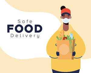safe food delivery afro female worker with groceries bag