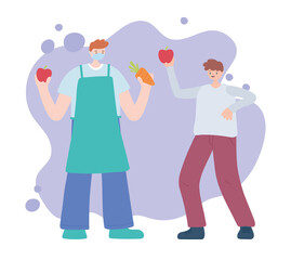 thank you essential workers, farmer and boy with fruit and vegetable, wearing face mask, coronavirus covid 19 disease