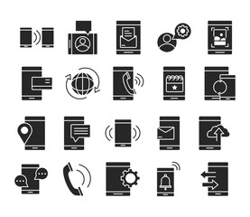 mobile phone or smartphone electronic technology device silhouette style icons set