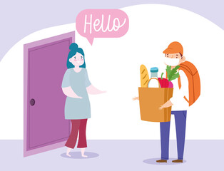 safe delivery at home during coronavirus covid-19, courier man carrying bag with food and woman customer