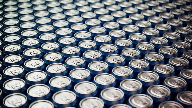 Rows of Blue Aluminum Beverage Cans with Silver Tops