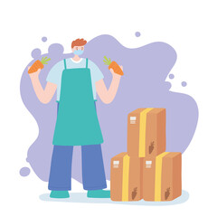 thank you essential workers, farmer with carrot apple and boxes, wearing face mask, coronavirus covid 19 disease