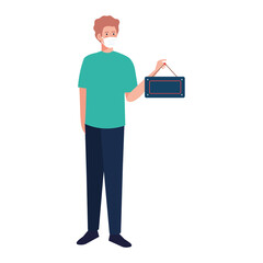 man wearing protective medical mask against covid 19, with hanging sign