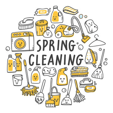Set Of Cleaning Supplies In Kawaii Doodle Style Illustration