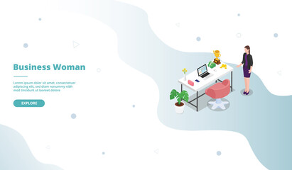 Fototapeta na wymiar Businesswoman with work tools and workspace table and desk campaign for web website template landing home homepage page with isometric 3d modern flat cartoon style vector
