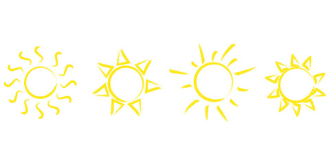 Vector graphic sun icon. Set of illustrations of solar circles. Yellow, hot shiny logos. Stock Photo.