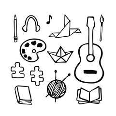 Hobbies. Vector doodle set with many elements.