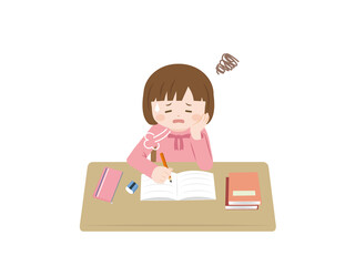 憂鬱に勉強をする女の子のイラスト