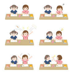 友達と一緒に勉強をするイラスト バリエーションセット