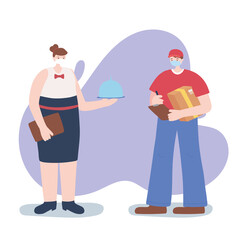 thank you essential workers, waitress and delivery man, wearing face masks, coronavirus covid 19 disease