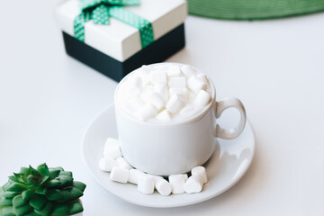 Cup of cappuccino with marshmallow and green plant on white background
