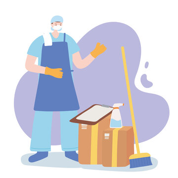 thank you essential workers, cleaner man with brom spray and boxes, wearing face mask, coronavirus covid 19 disease