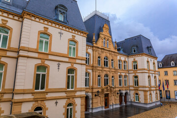 Fototapeta na wymiar Cobblestone pavement by Mansfeld Building, Ministry of Foreign and European Affairs in Luxembourg
