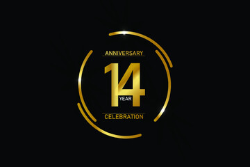 14 year anniversary celebration logotype. anniversary logo with circle golden and Spark light white color isolated on black background - vector